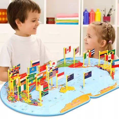 Wooden World Map with 36 Flags – Educational Geography Puzzle for Kids